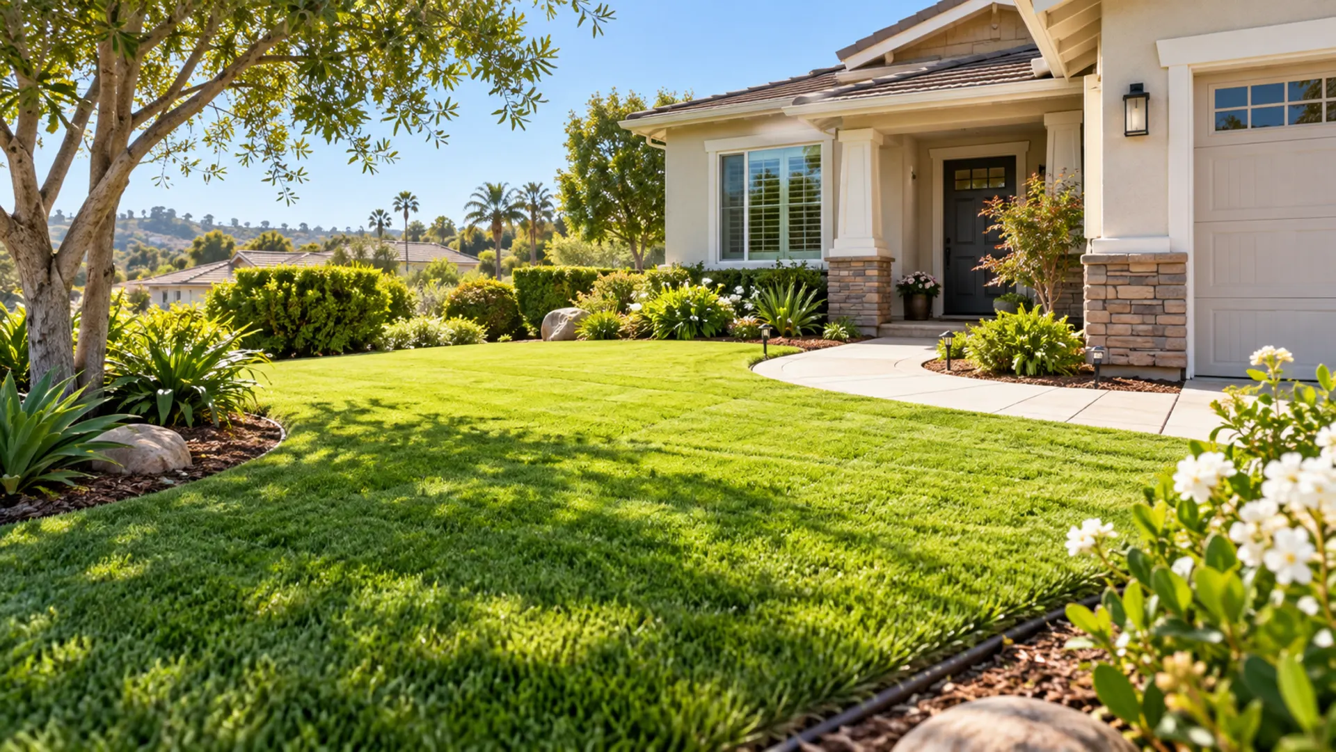 Illustrative photo of a green front lawn and landscaped yard in front of a sunny home